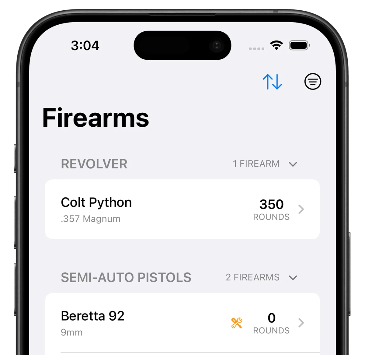 Firearm inventory and ammo tracking screen